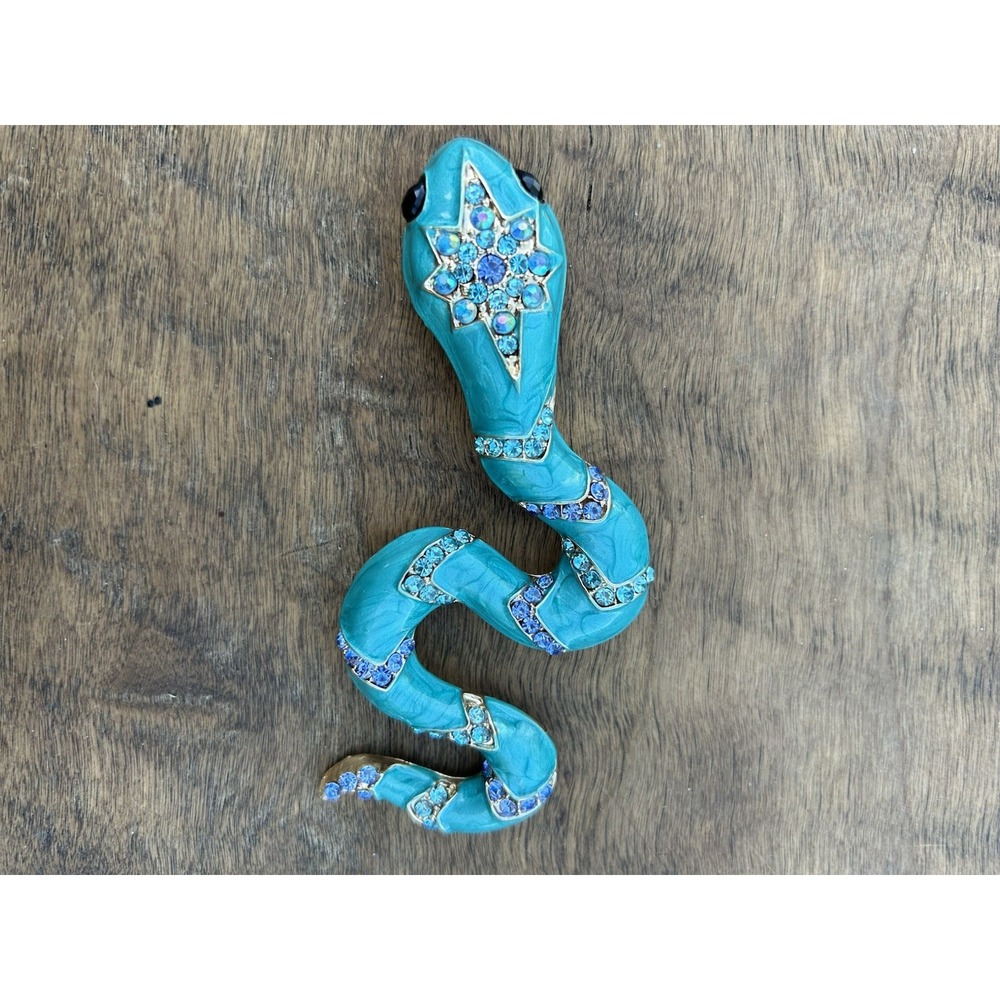Large Turquoise Enamel Snake Brooch Blue Rhinestone Cobra Serpent Statement Pin